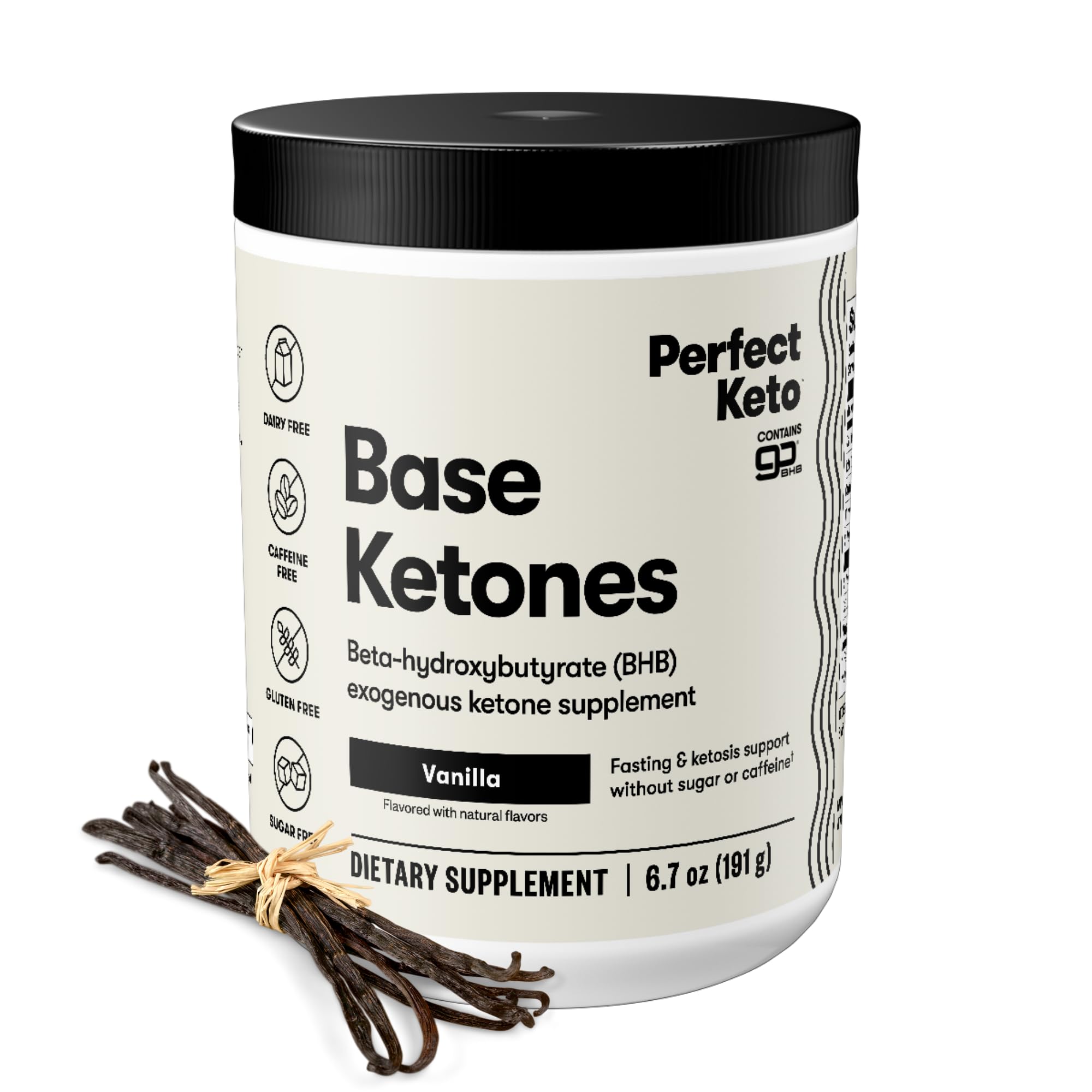 Perfect Keto vanilla exogenous ketones bottle showing keto hydration and steady energy.