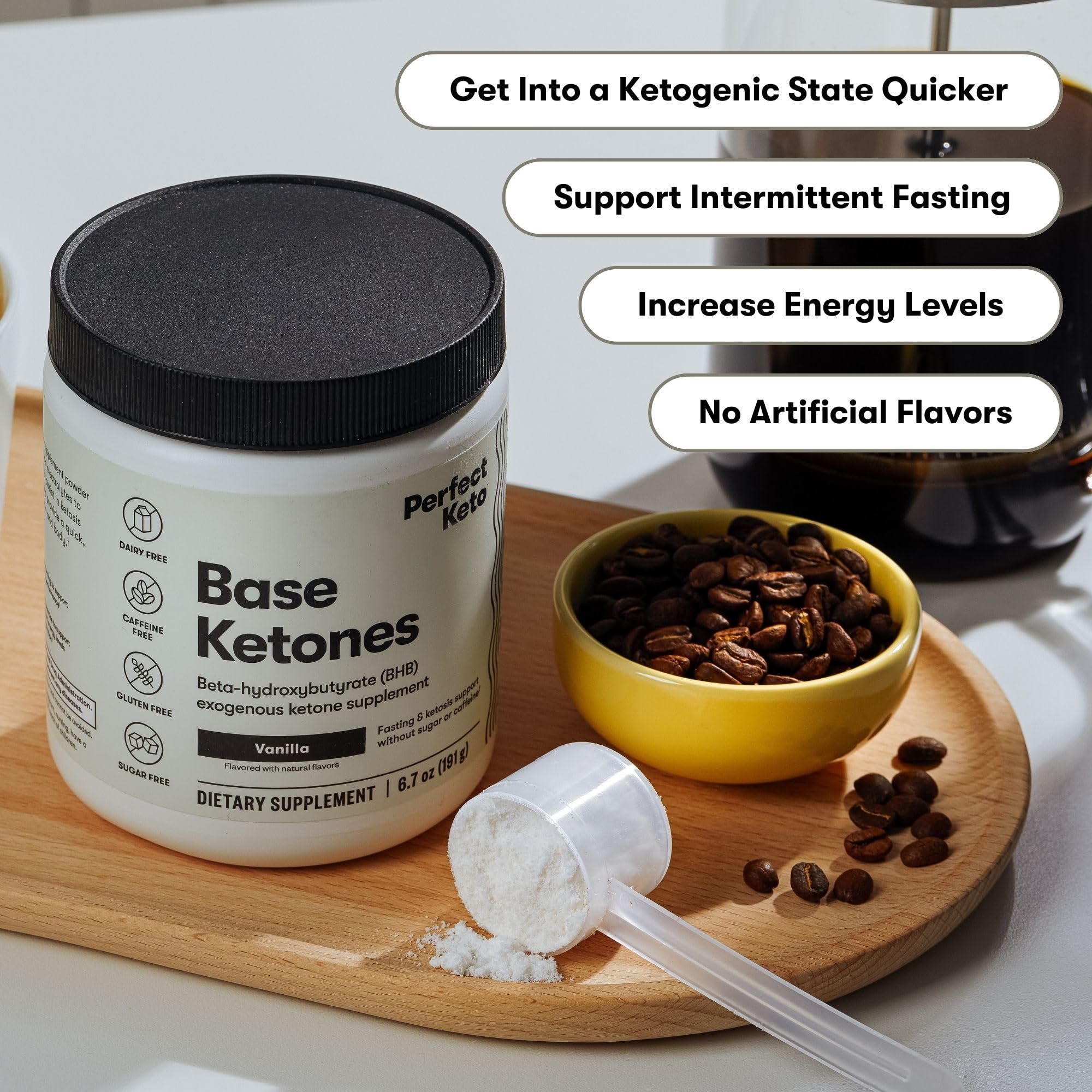 Perfect Keto vanilla exogenous ketones poured into cold water for a sugar-free refreshment.
