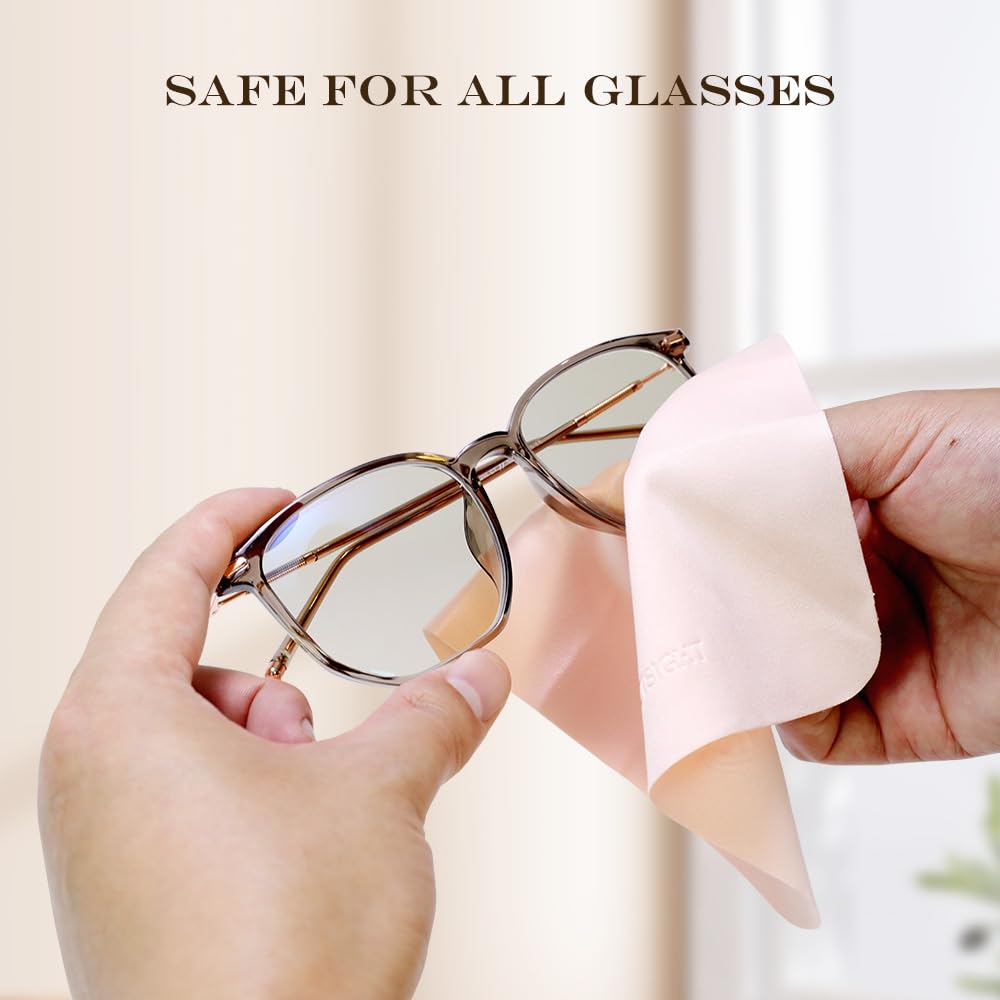 Six pink microfiber lens cloths laid flat