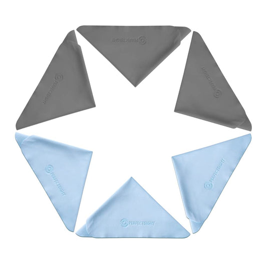 Six premium grey microfiber cleaning cloths laid flat
