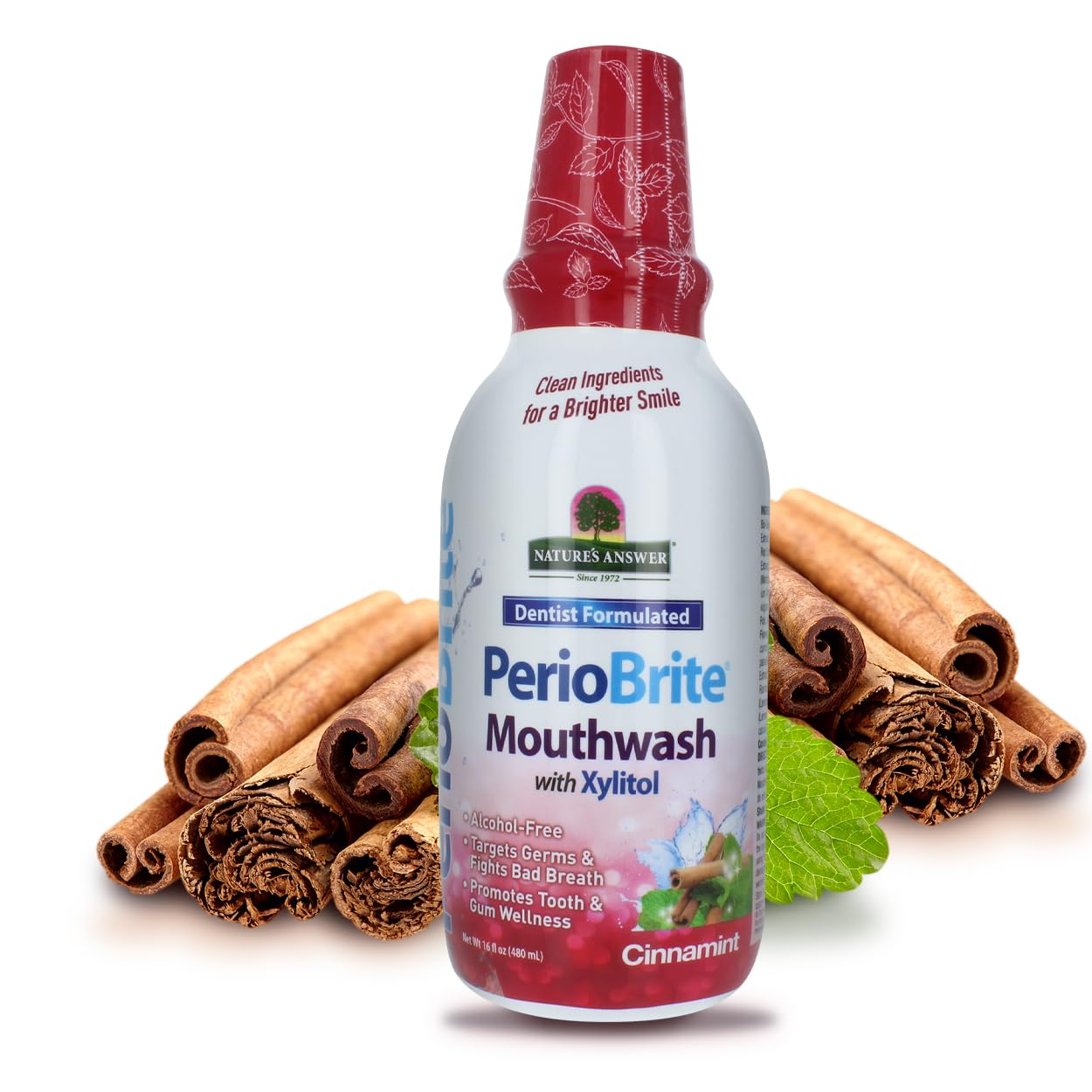 Front view of PerioBrite Cinnamon Mouthwash bottle (16 oz) in a 2-pack