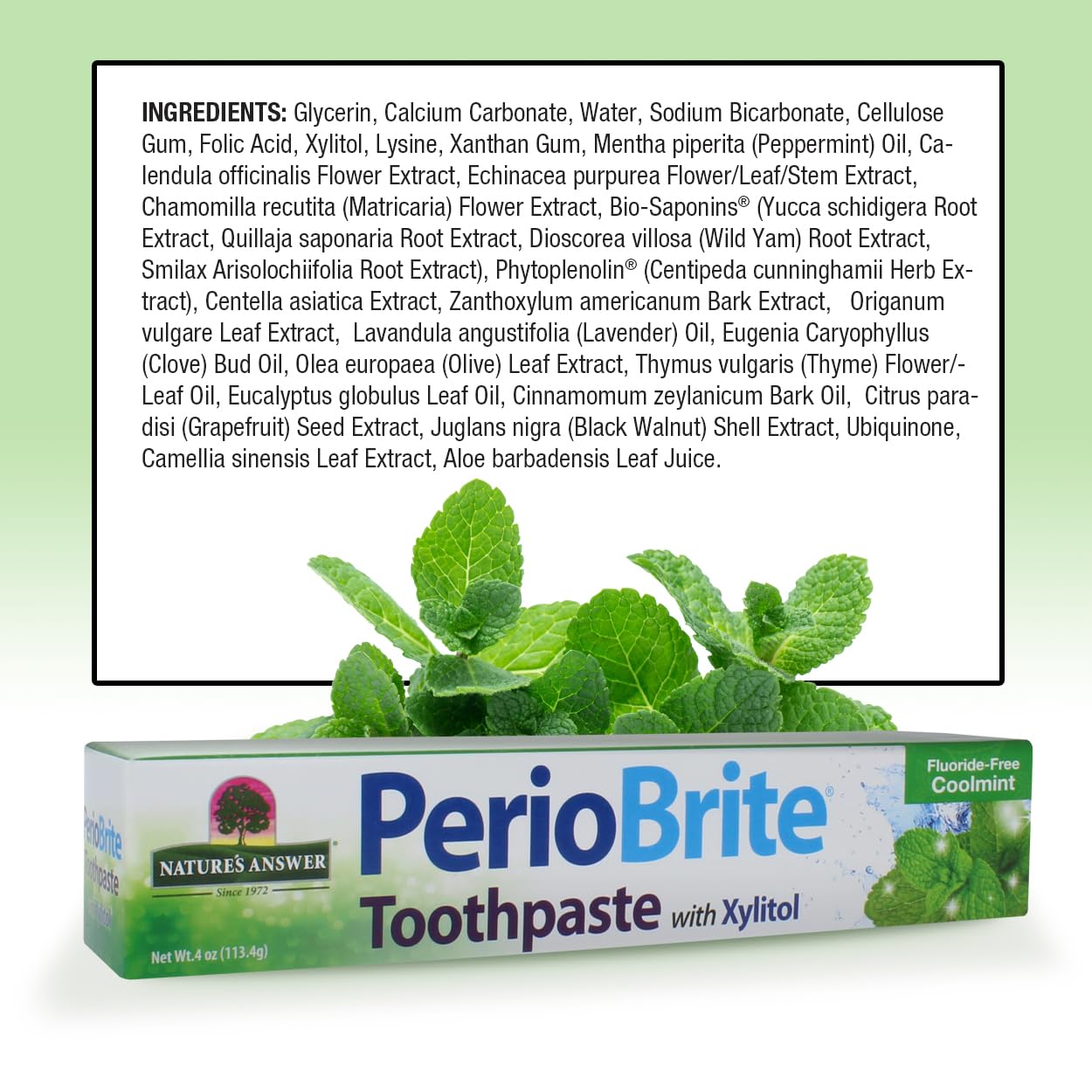 PerioBrite toothpaste ingredients: gluten-free, fluoride-free, soy-free