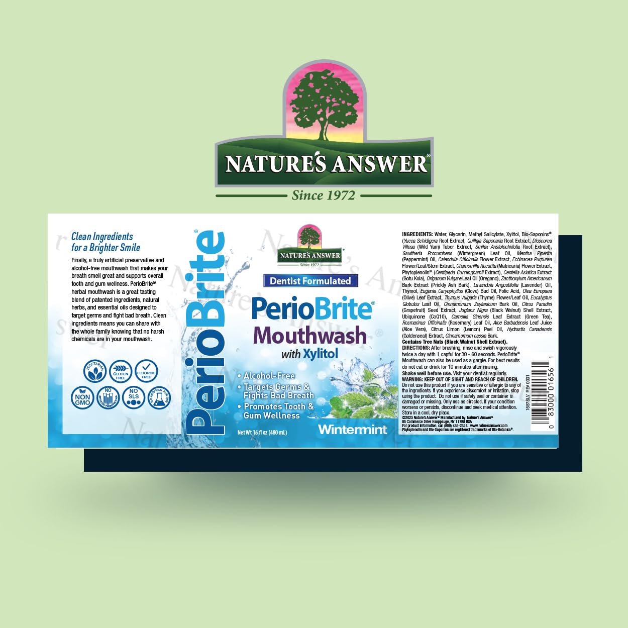 Close-up of PerioBrite Winter Mint Mouthwash label