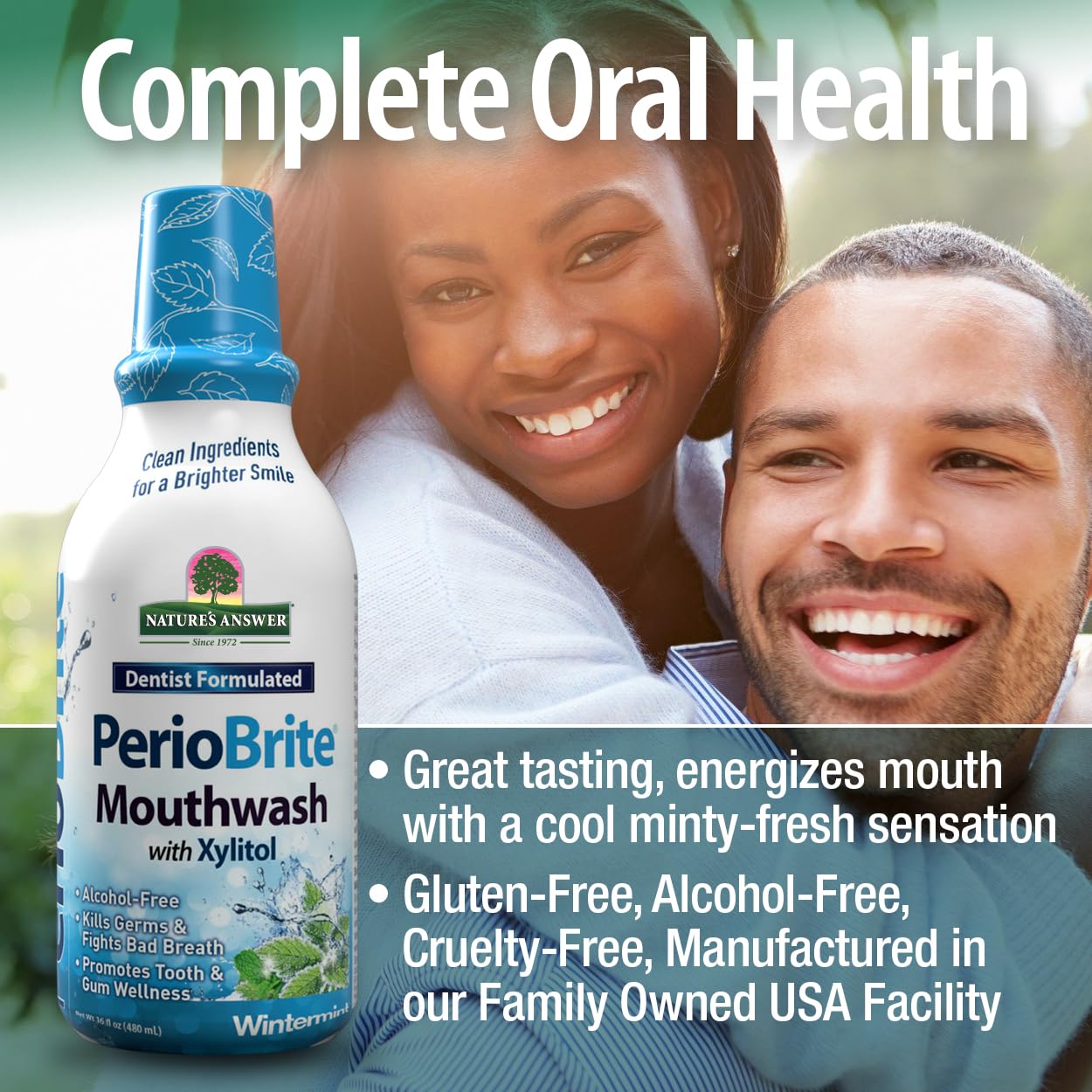Person using PerioBrite Mouthwash as part of daily oral care