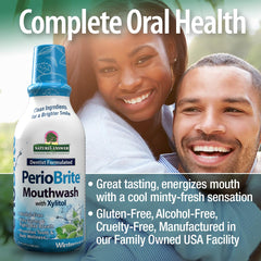Person using PerioBrite Mouthwash as part of daily oral care
