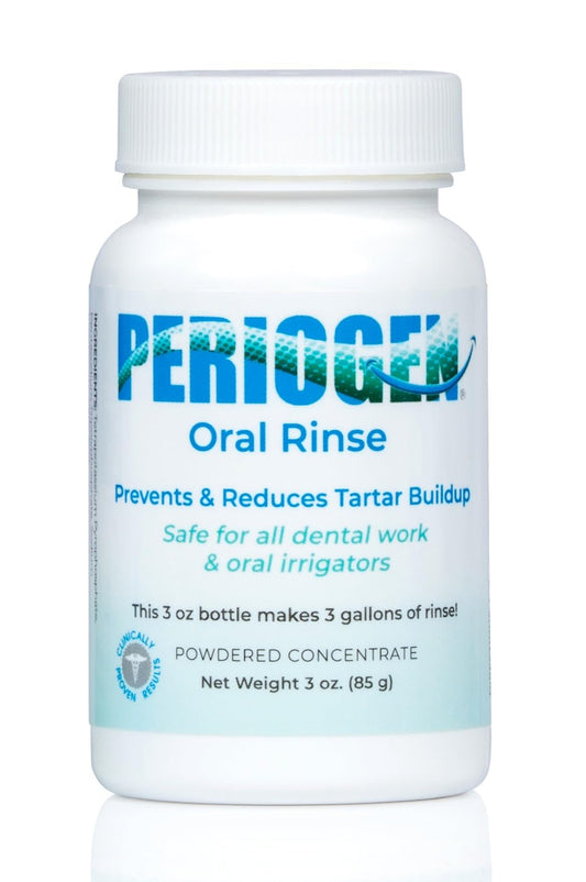 Periogen Oral Rinse bottle with measuring scoop on a white background