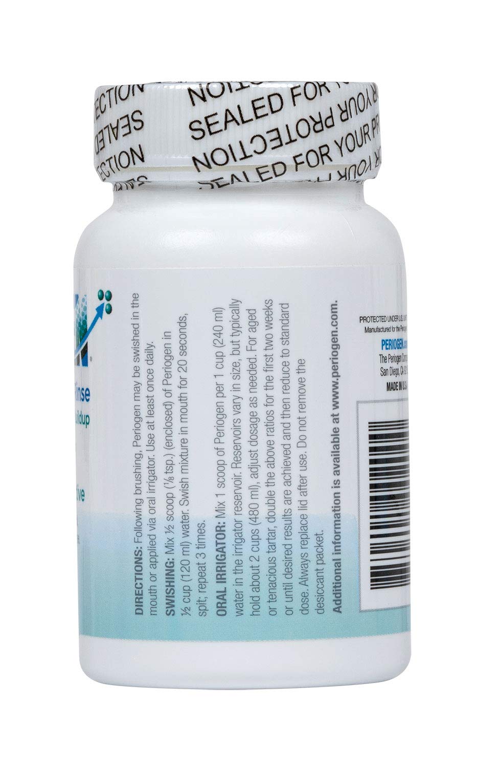 Periogen label highlighting alcohol-free and enamel-safe formula