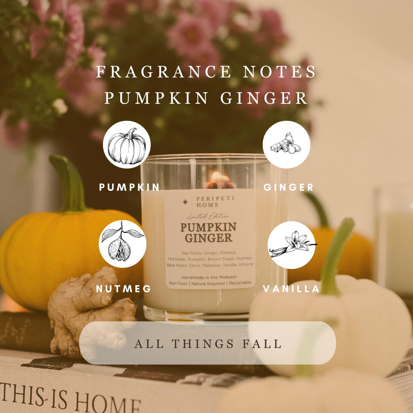 PeripetiHome pumpkin-ginger candle closeup highlights ginger and spice for cozy evenings.
