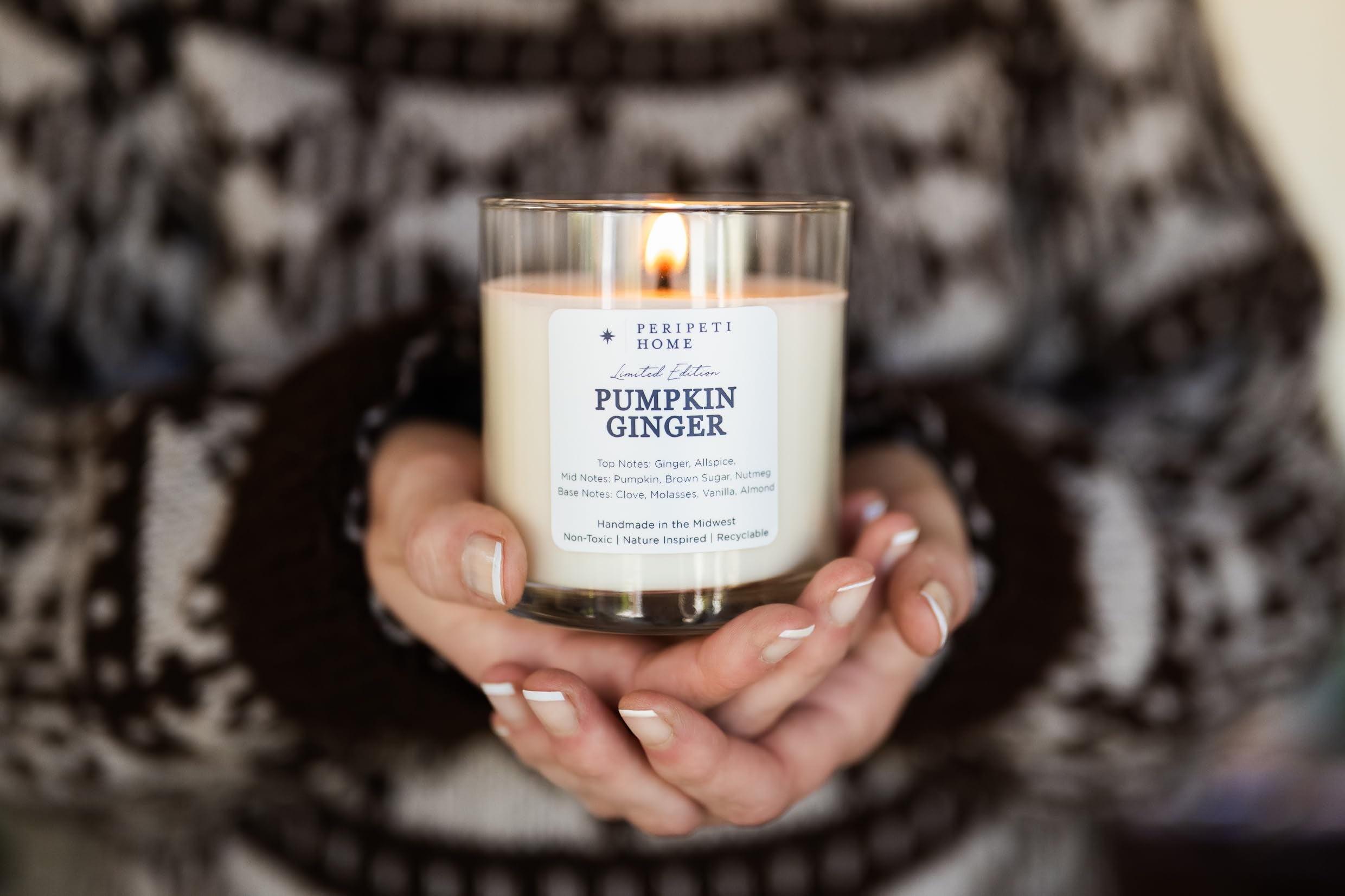 PeripetiHome pumpkin-ginger candle soy wax for clean burn and fresh scent.