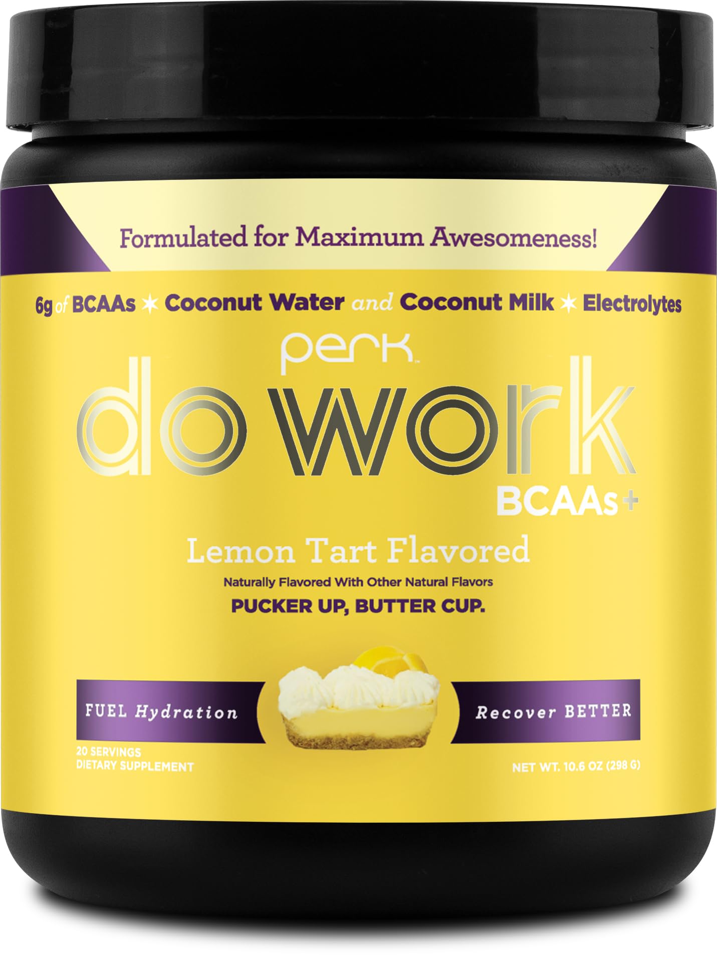 Front view of Perk BCAAs + Hydration Electrolytes Lemon Tart bottle with 20 servings