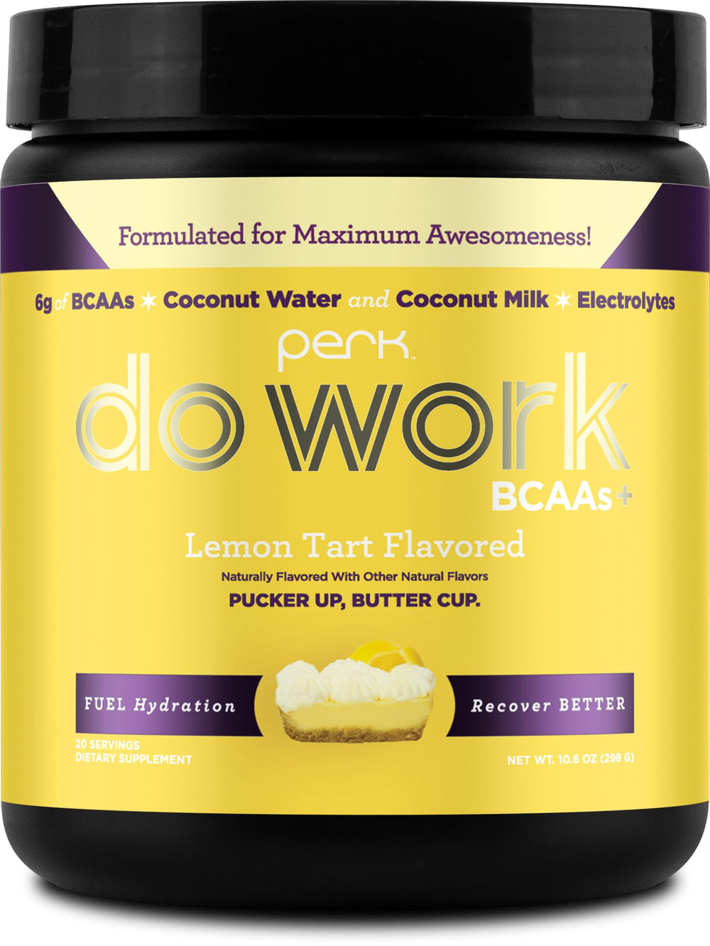 Front view of Perk BCAAs + Hydration Electrolytes Lemon Tart bottle with 20 servings