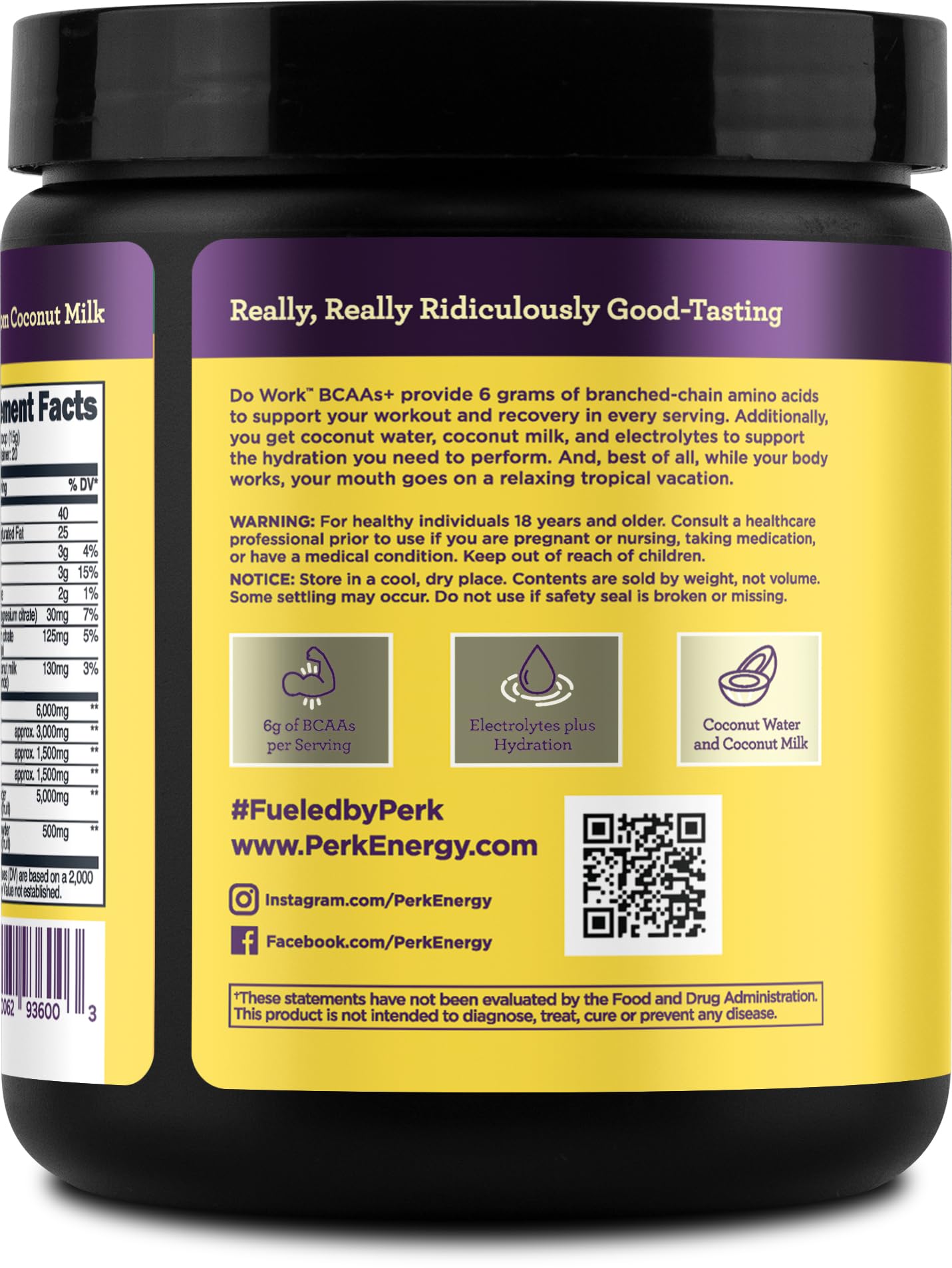 Lemon Tart flavored Perk BCAAs powder scoop with packaging