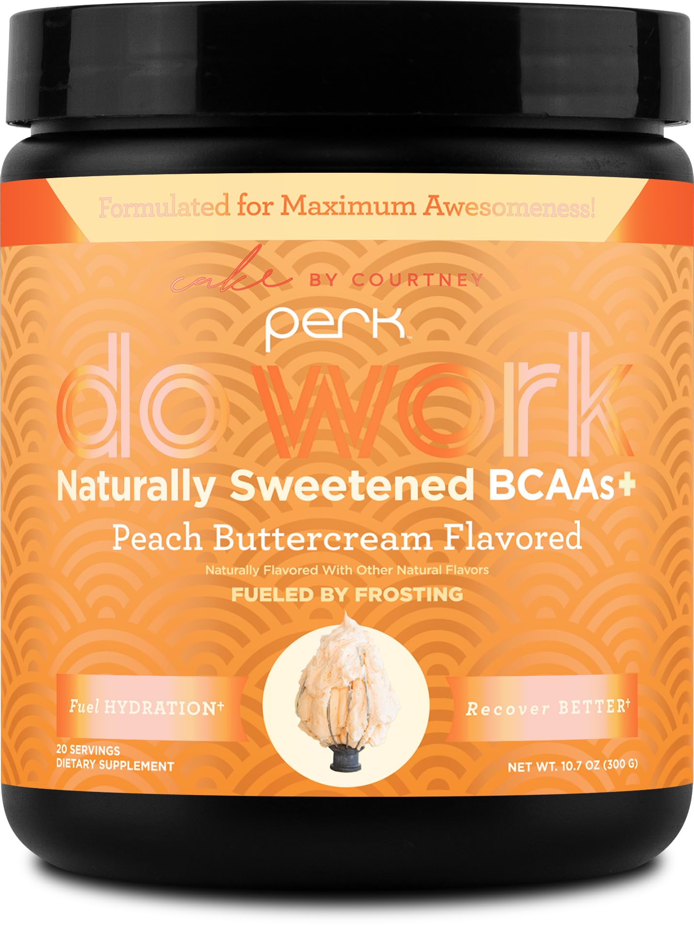 Perk Do Work BCAAs Peach Buttercream flavor bottle with scoop