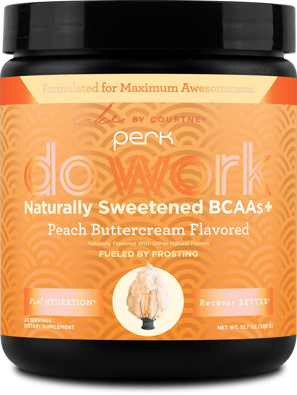 Perk Do Work BCAAs Peach Buttercream flavor bottle with scoop