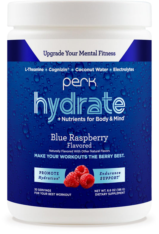 Perk Hydrate Blue Raspberry Electrolyte Drink Mix container