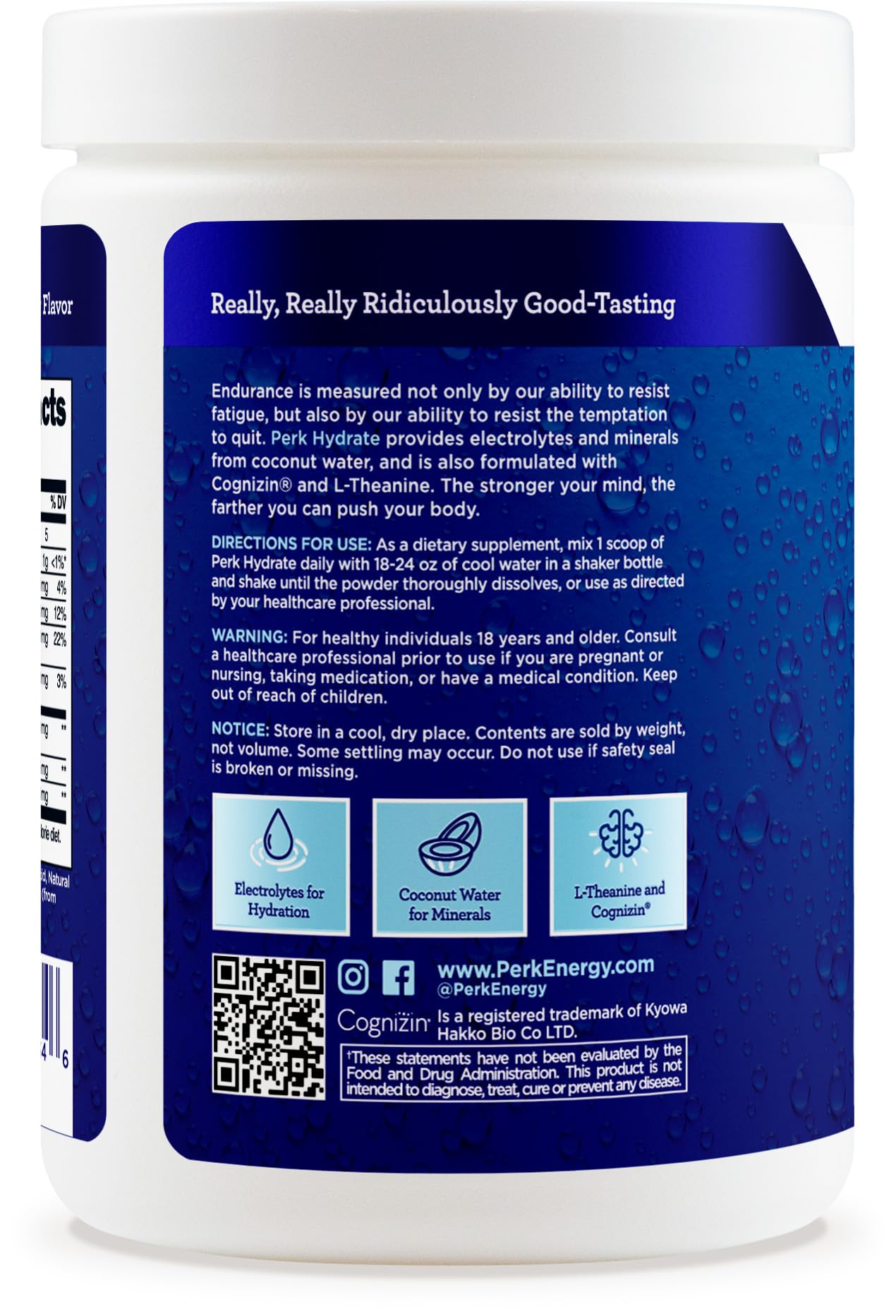 Supplement facts and ingredients label for Perk Hydrate