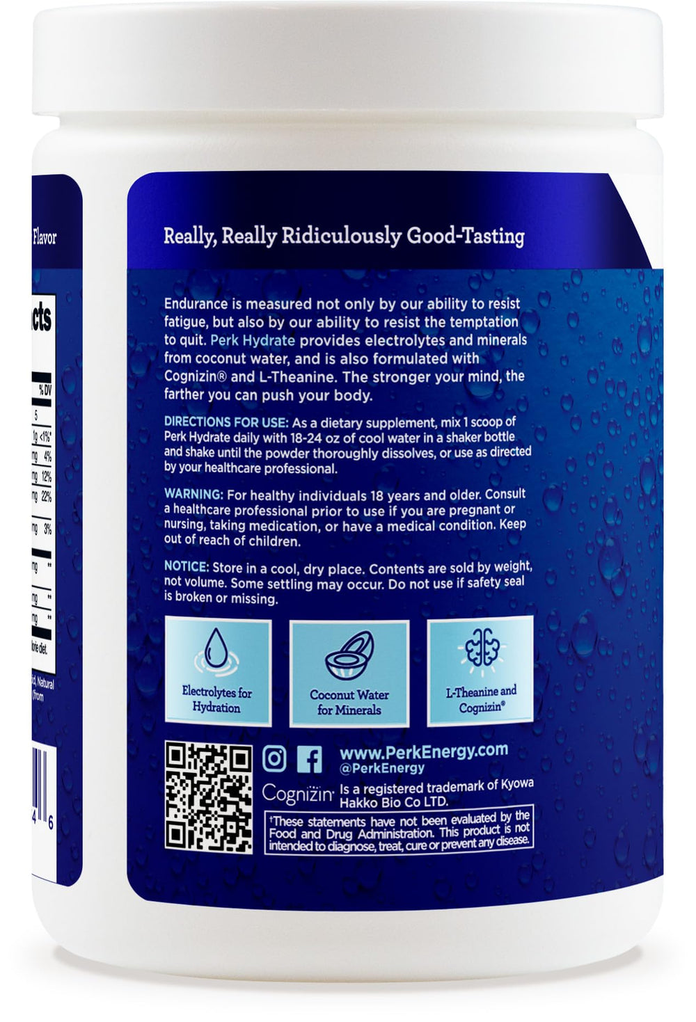 Supplement facts and ingredients label for Perk Hydrate