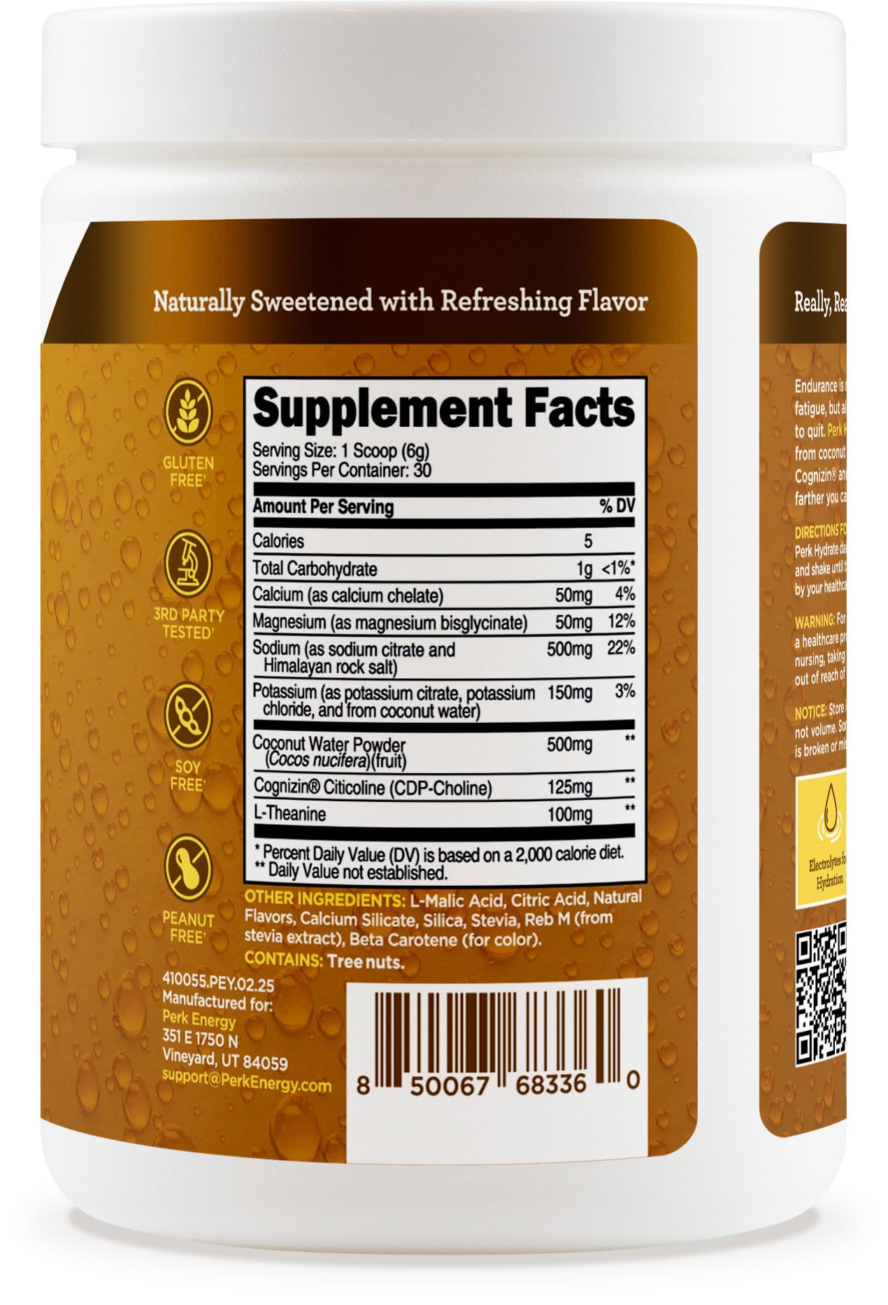 Nutrition label showing 30 servings on Perk Hydrate canister
