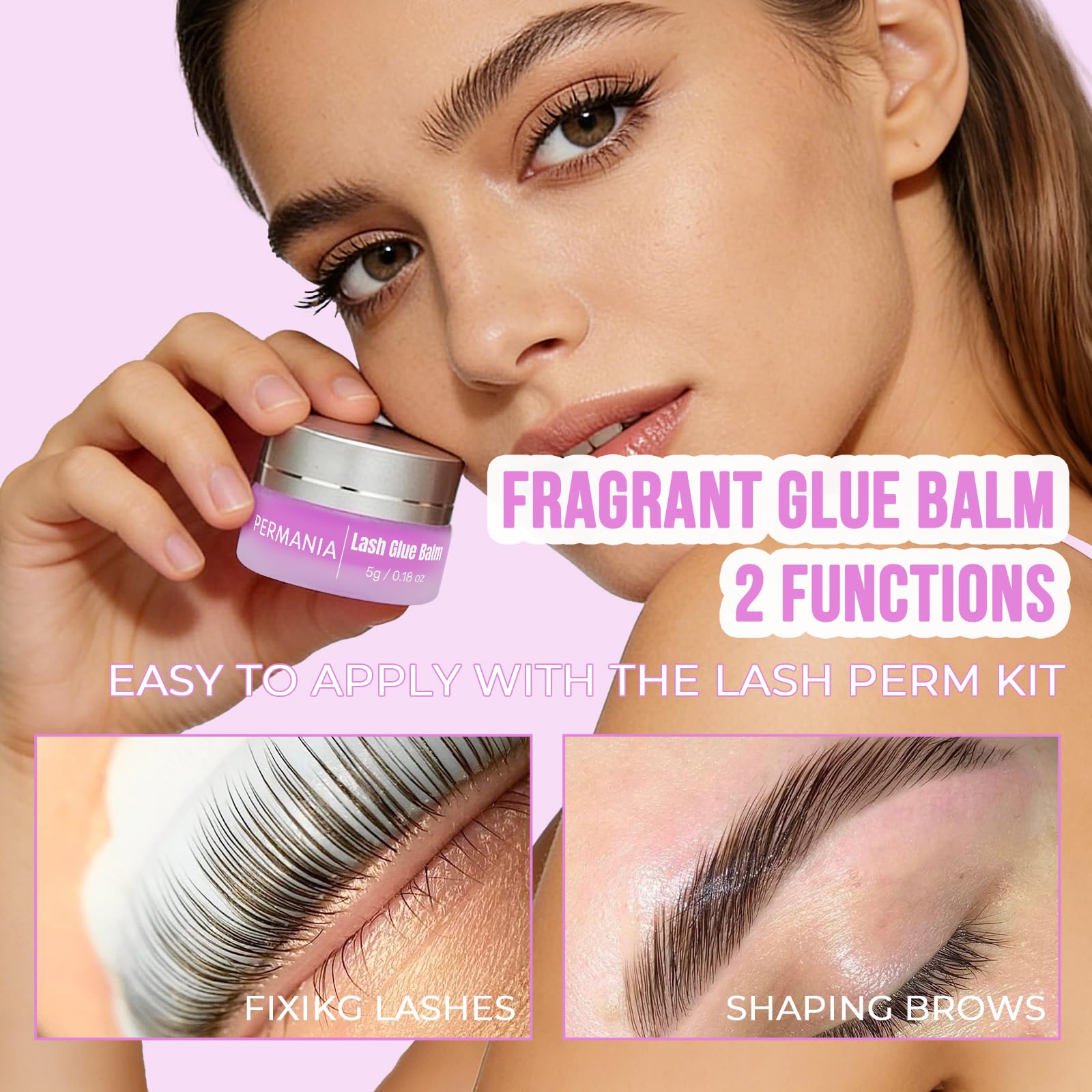 PERMANIA Lash Lift Glue Balm Lavender application tip demonstrates precise lash shaping during lifts.