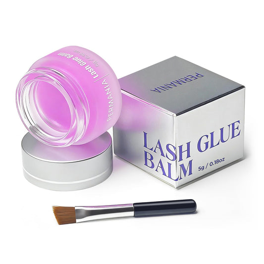 PERMANIA Lash Lift Glue Balm Lavender closeup showing smooth adhesion for precise lifting.