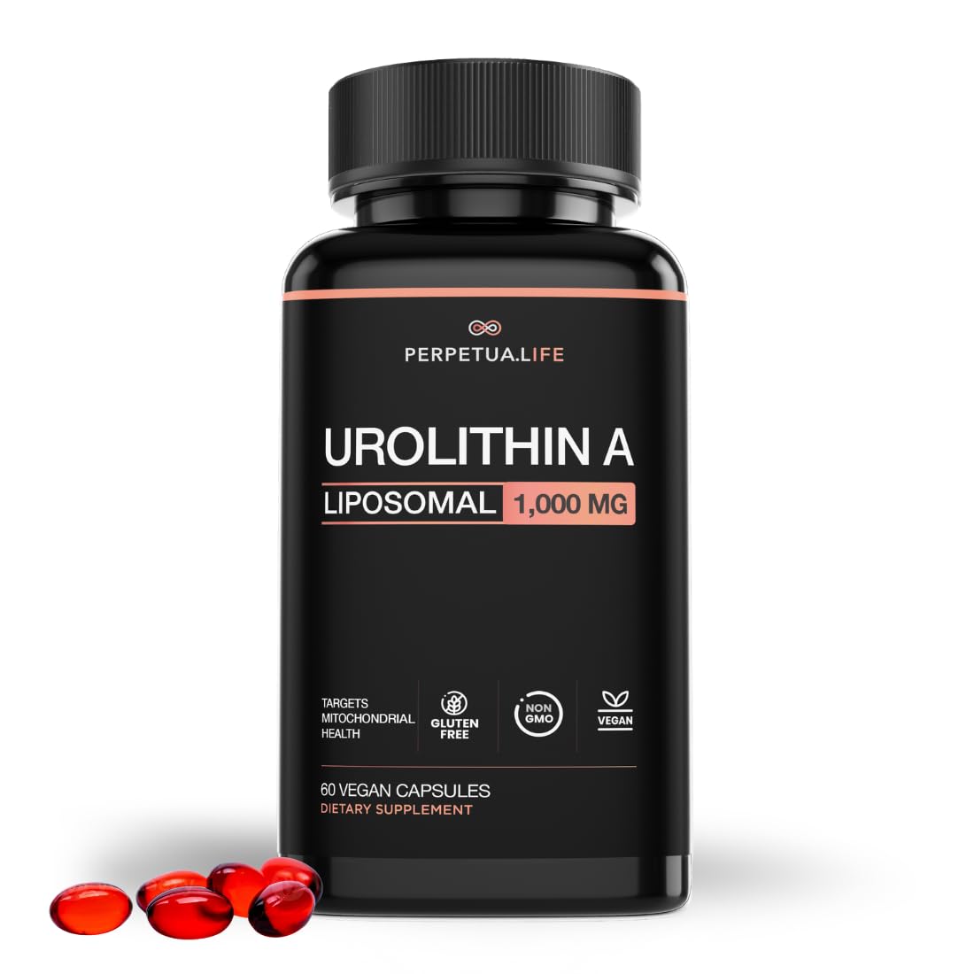 Front view of PERPETUA.LIFE Urolithin-A Liposomal 1000mg bottle