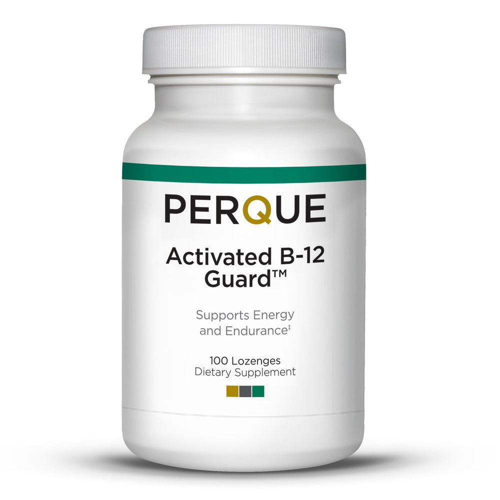 Perque Activated B-12 Guard bottle with 100 lozenges and 2000 mcg stated on label