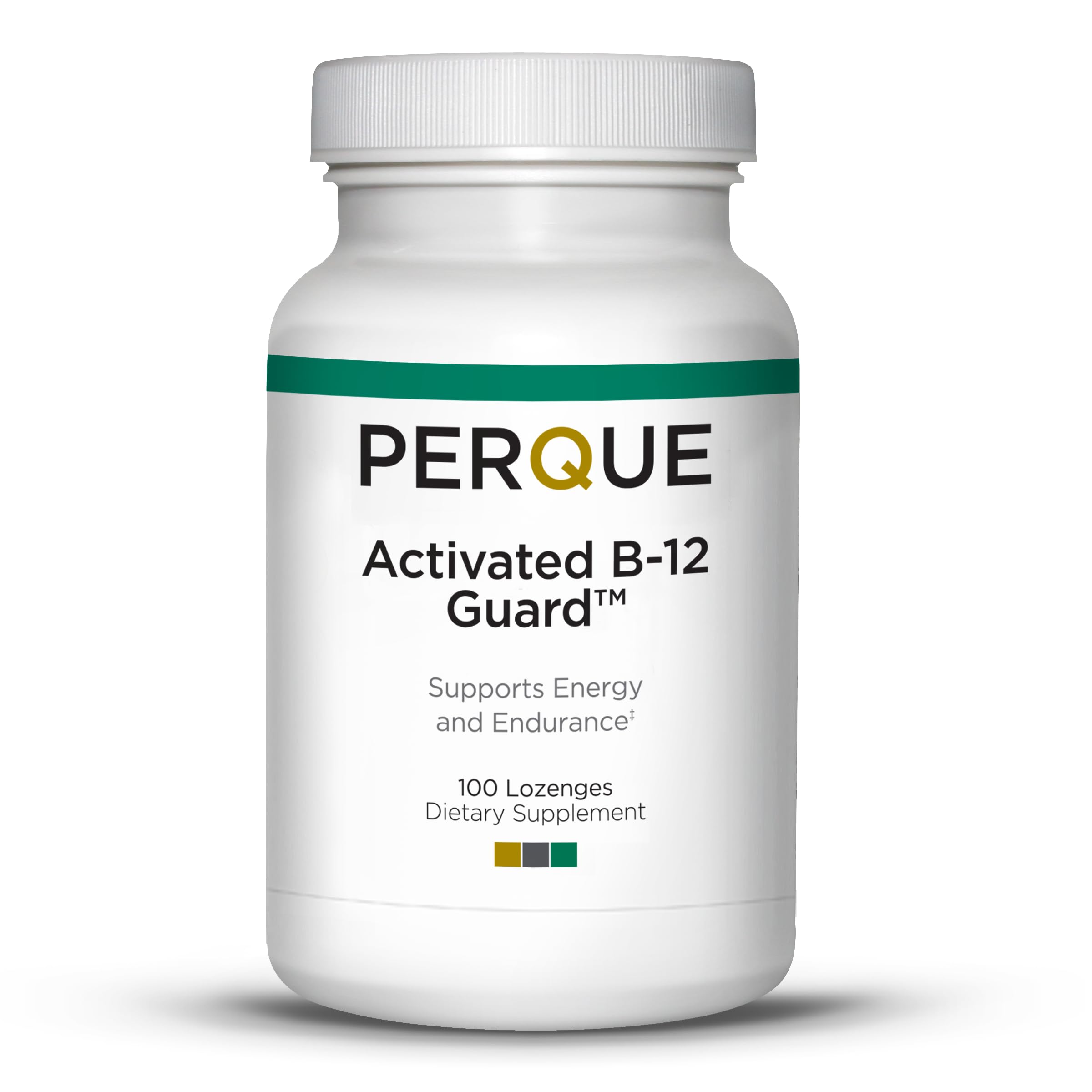 Perque Activated B-12 Guard bottle view showing high potency 2000 mcg per lozenge