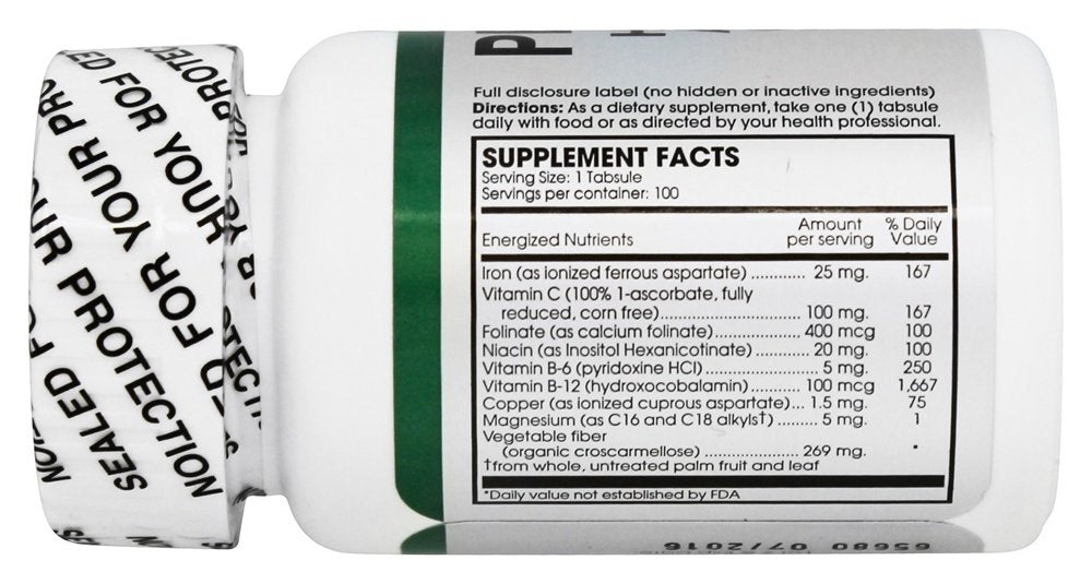 Nutritional ingredients: Iron, Vitamin C, Folic Acid, Niacin, B6, B12, Copper, Magnesium