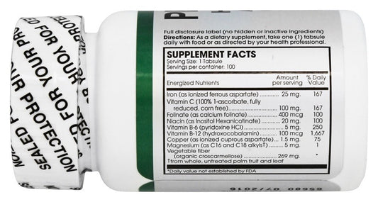 Nutritional ingredients: Iron, Vitamin C, Folic Acid, Niacin, B6, B12, Copper, Magnesium