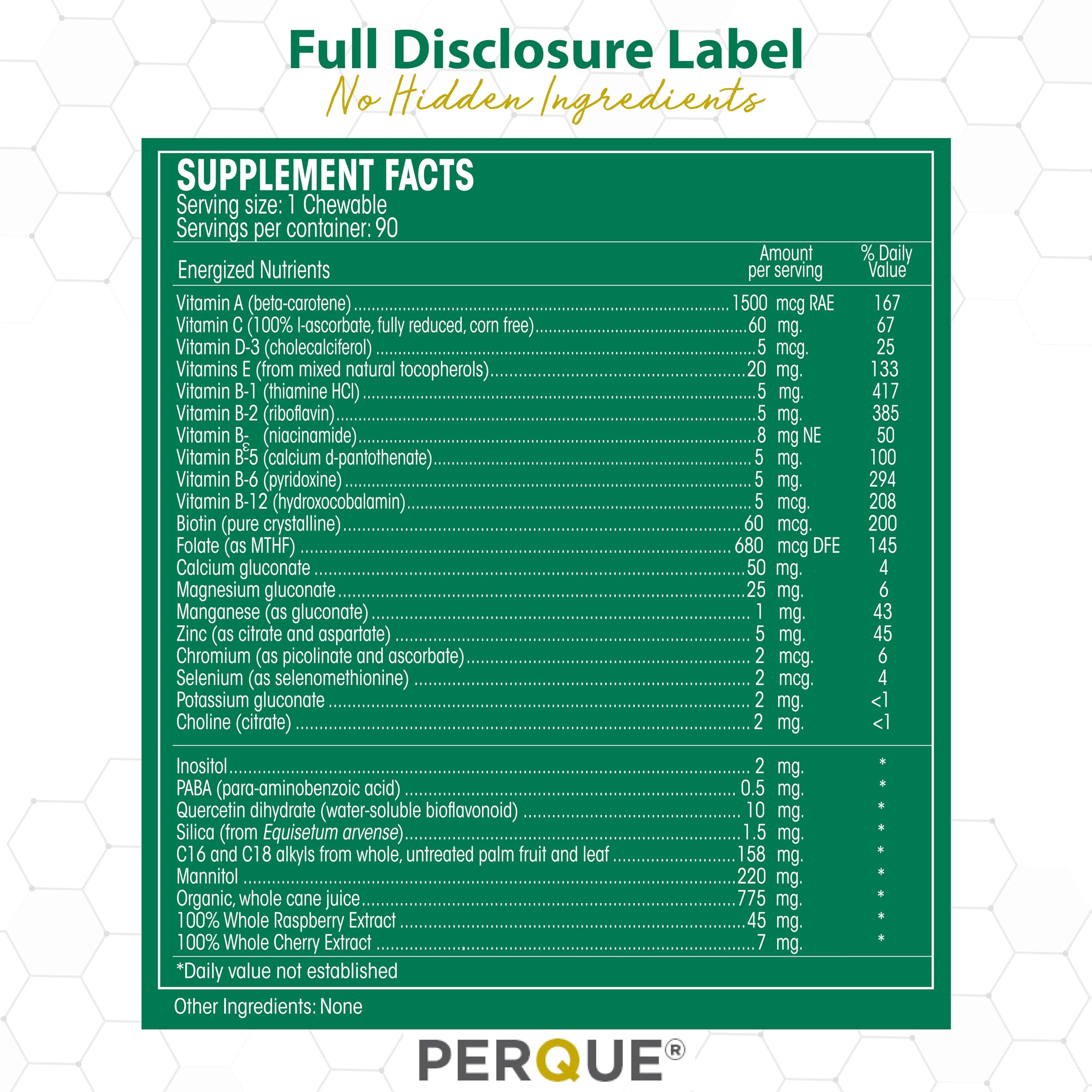 Perque Life Guard Chewables nutrition facts panel