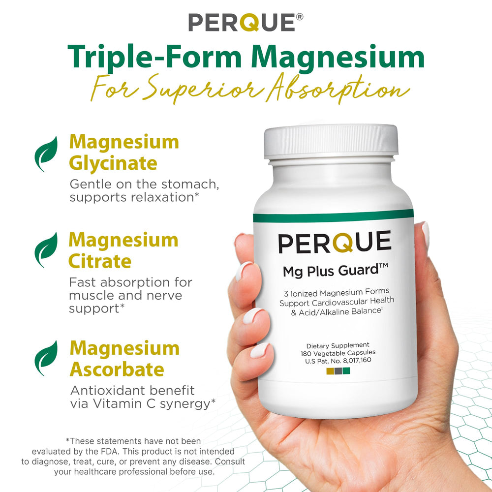 PERQUE Mg Plus Guard capsules close-up showing smooth magnesium glycinate texture for gentle daily support.