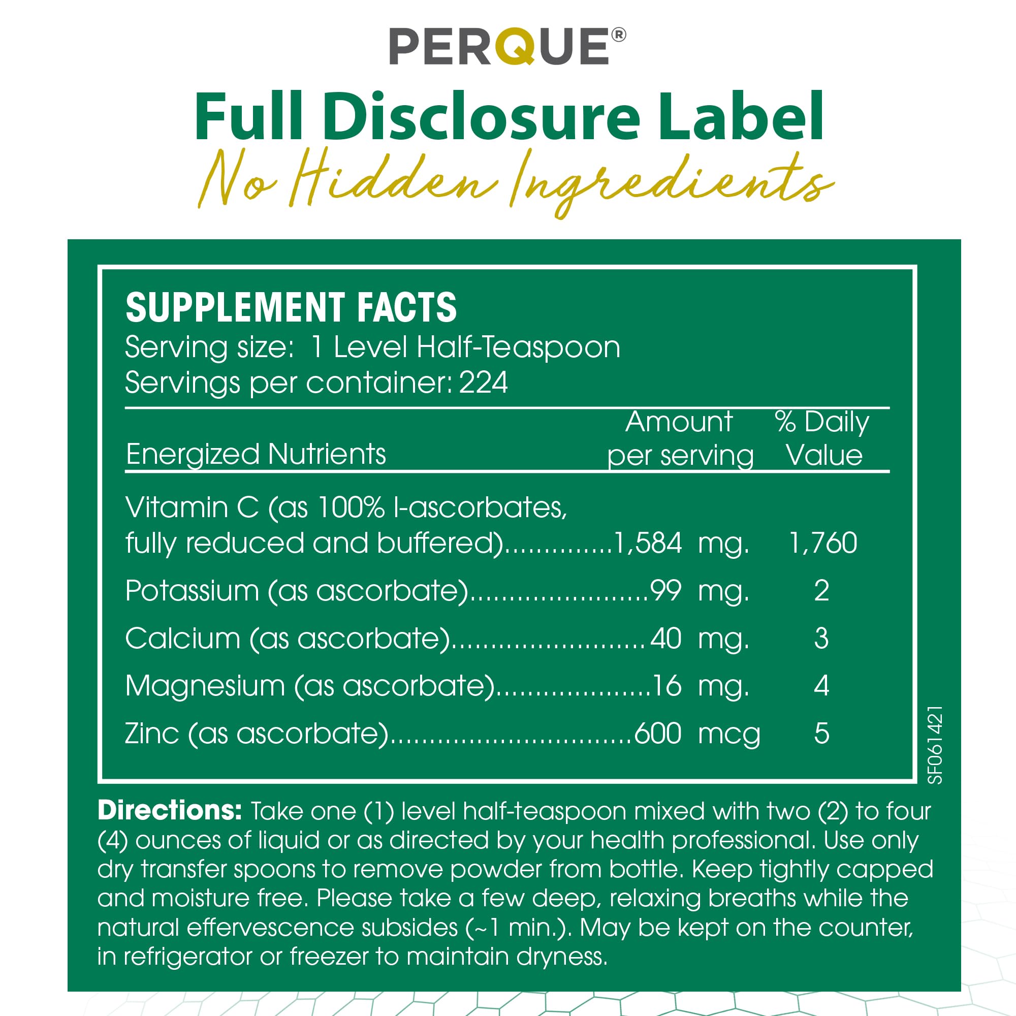 Allergen-free, non-GMO, vegetarian vitamin C supplement label
