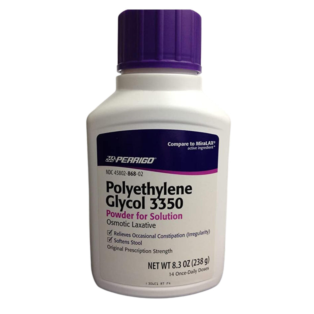 Perrigo PEG3350 powder bottle ready to dissolve in beverages for gentle, flexible bowel support.
