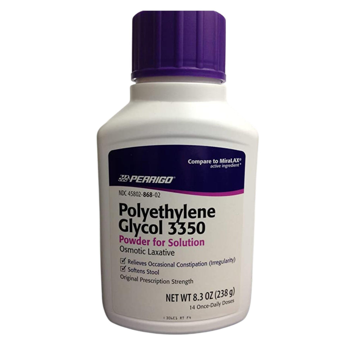 Perrigo PEG3350 powder bottle ready to dissolve in beverages for gentle, flexible bowel support.