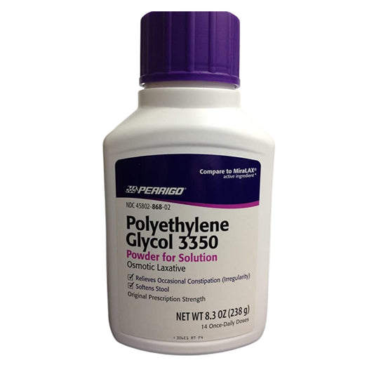 Perrigo PEG3350 powder bottle ready to dissolve in beverages for gentle, flexible bowel support.