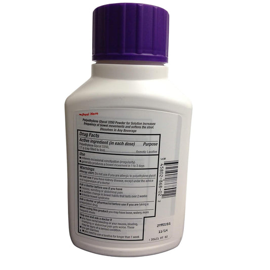 Perrigo PEG3350 powder dissolving into a drink for regularity and stool softening.