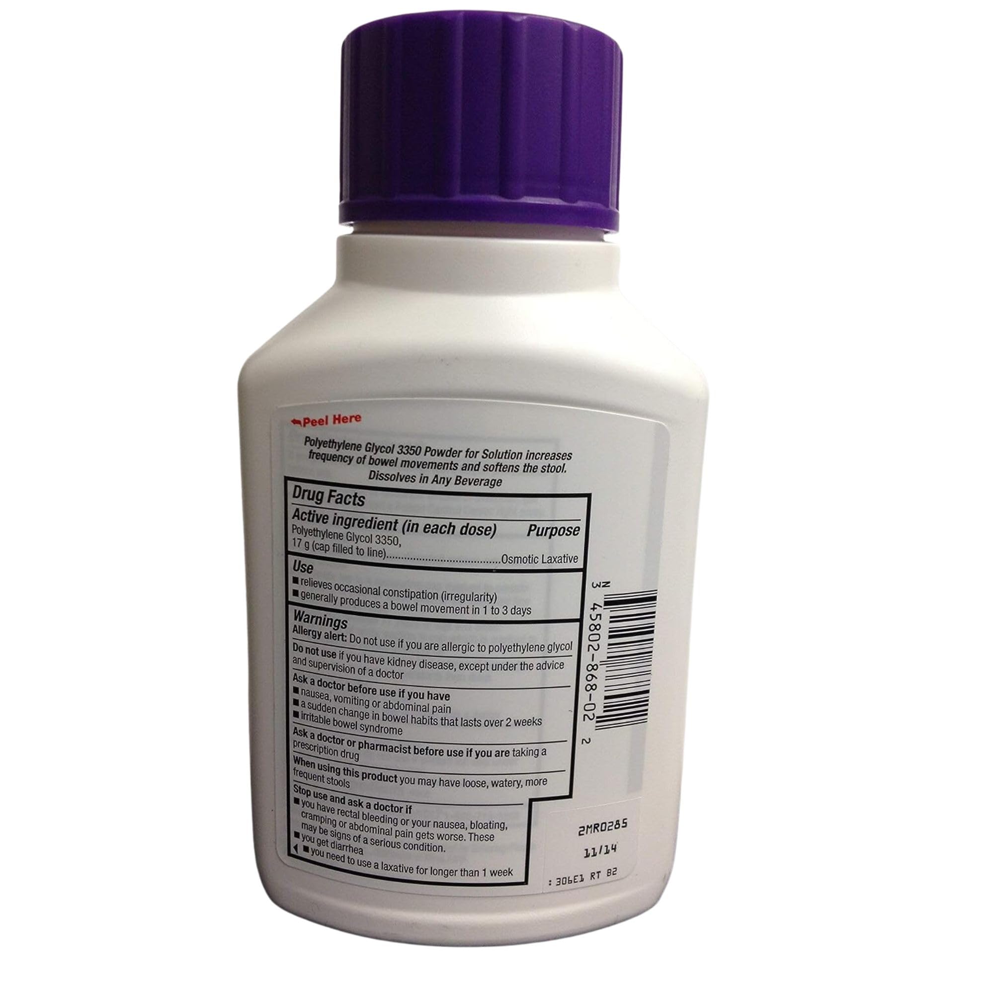 Perrigo PEG3350 powder dissolving into a drink for regularity and stool softening.