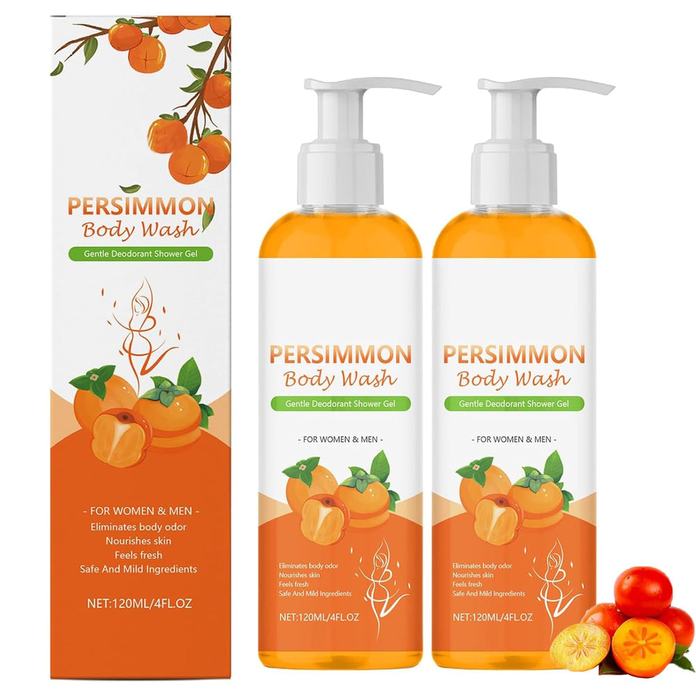 Persimmon Body Wash bottle highlights natural ingredients for lasting freshness and odor control.