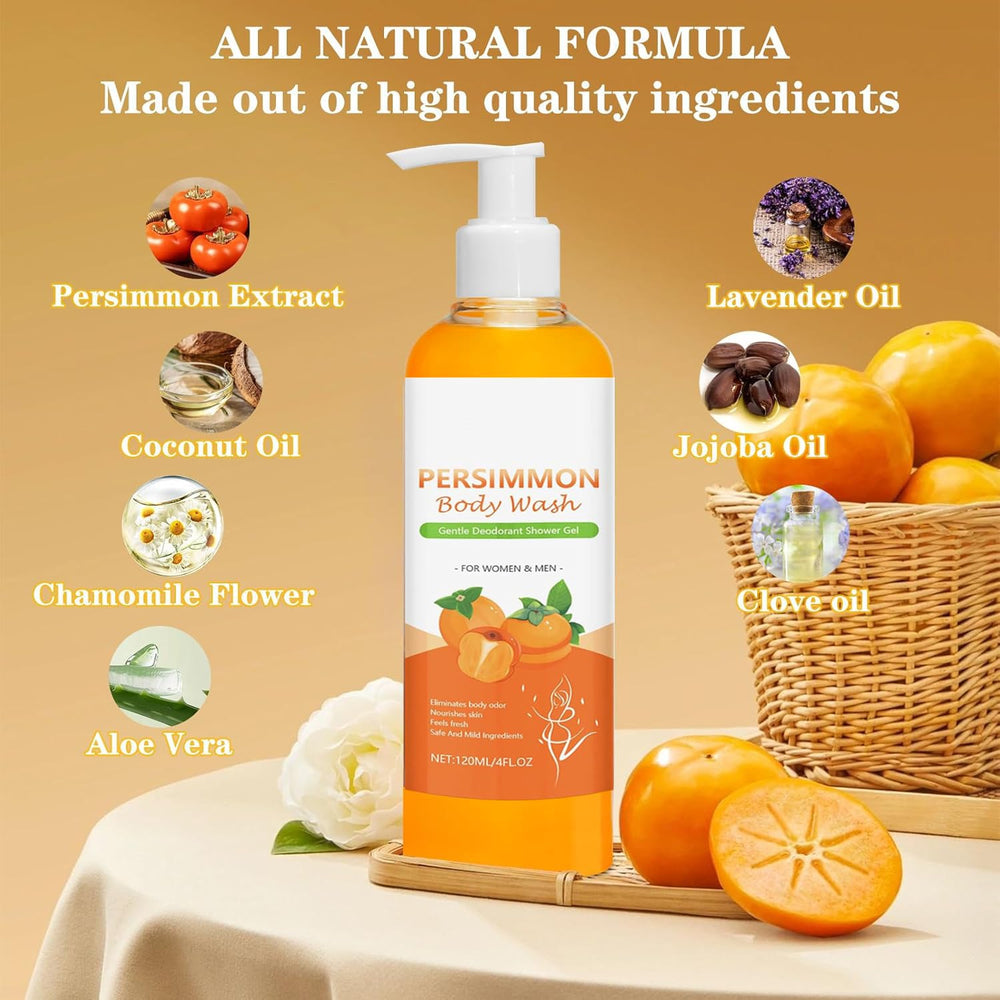Persimmon Body Wash label closeup communicates natural ingredients and purity.