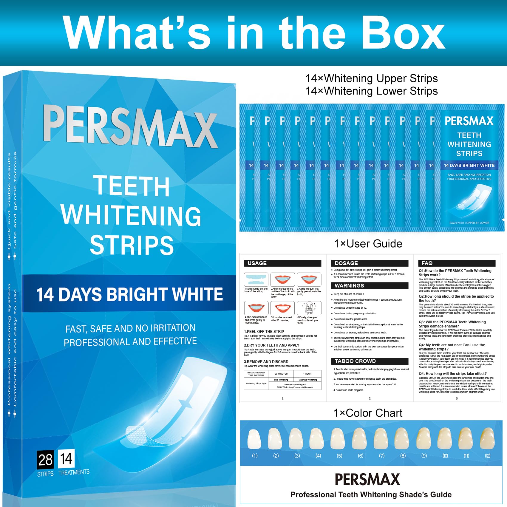 PERSMAX 14 day whitening system with 28 strips and shade guide