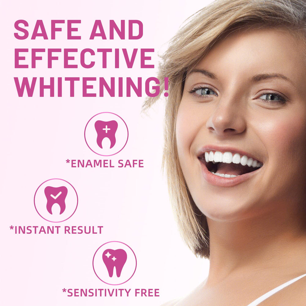 Applied upper and lower whitening strips on teeth
