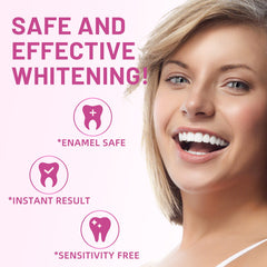 Applied upper and lower whitening strips on teeth