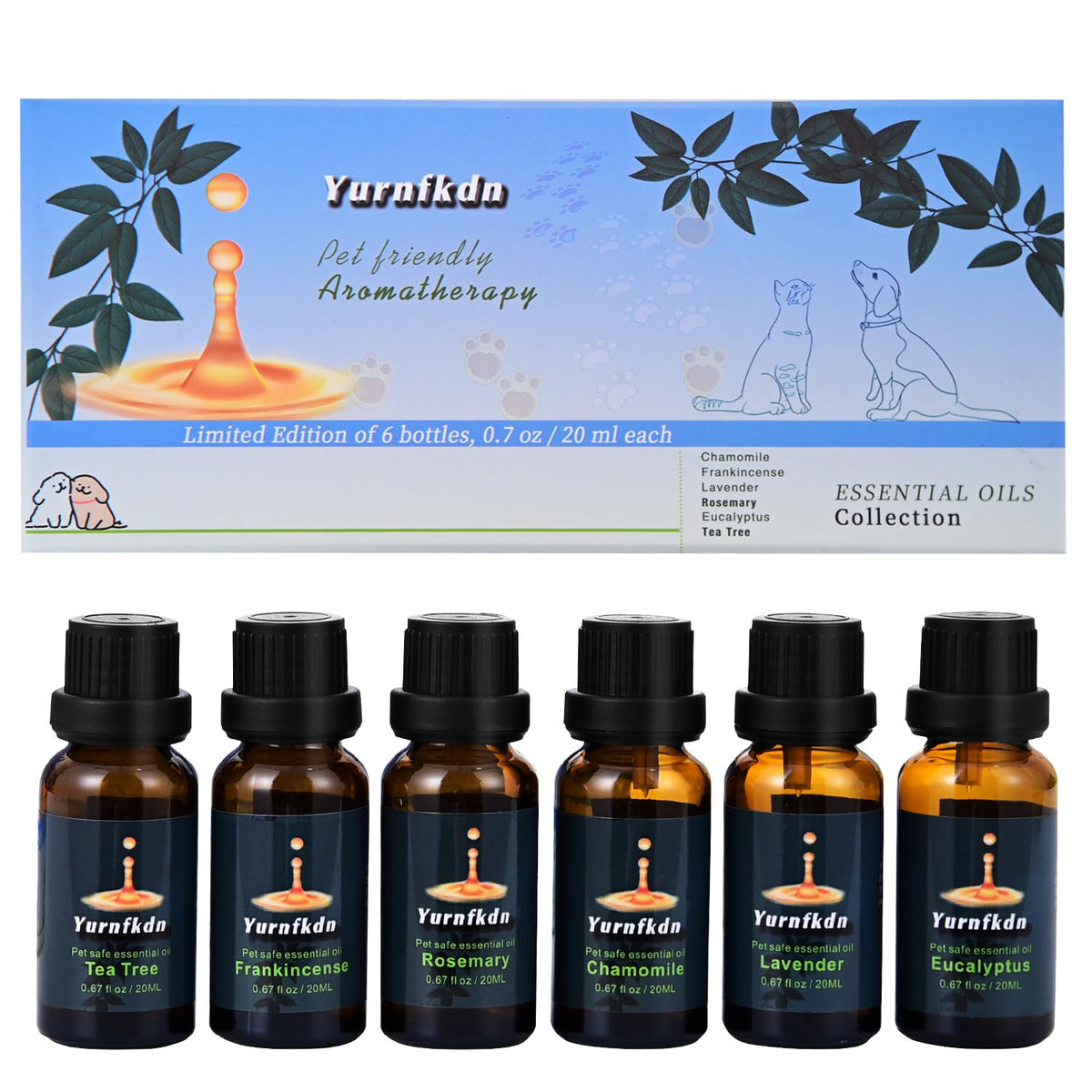 Pet-Friendly Essential Oil Set on display with six 20ml bottles