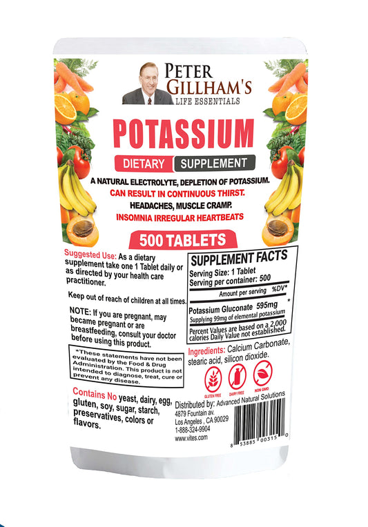 Product bottle label for Peter Gillham’s Life Essentials Potassium Gluconate 595 mg