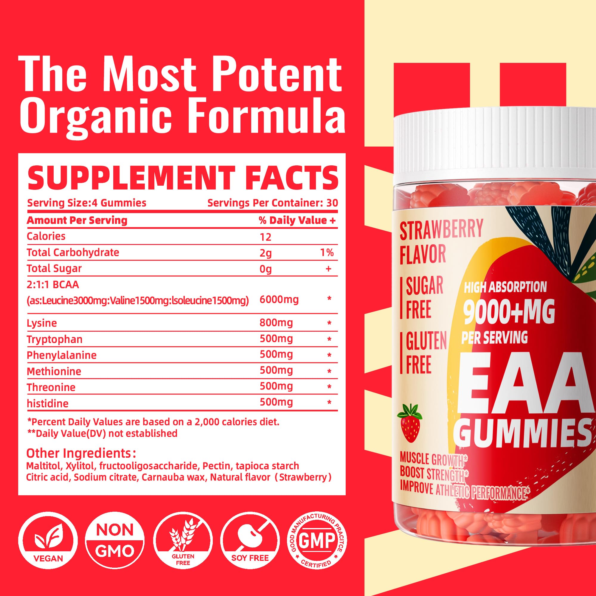 Close up of EAA gummies and bottle label