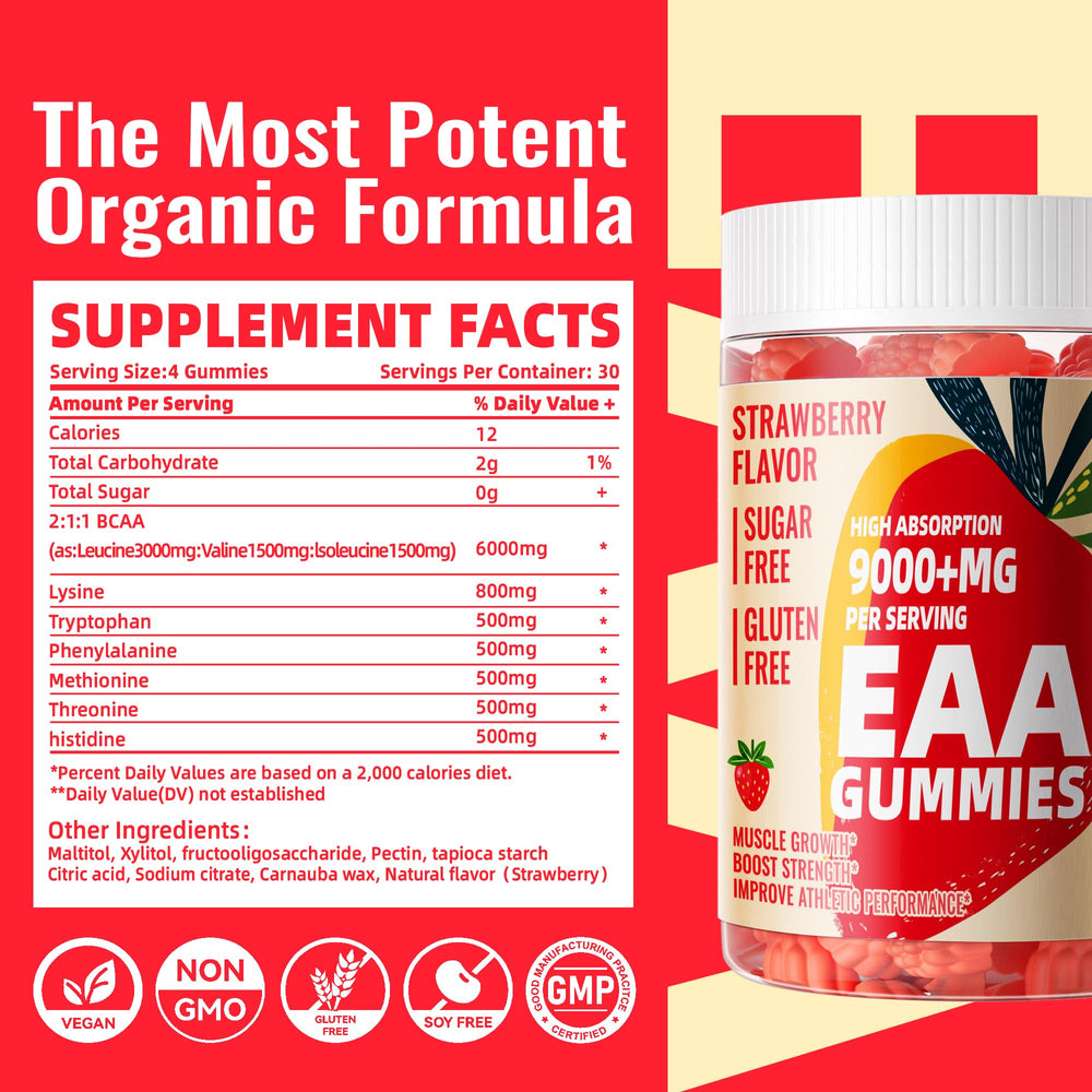 Close up of EAA gummies and bottle label
