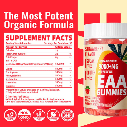 Close up of EAA gummies and bottle label