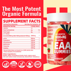 Close up of EAA gummies and bottle label