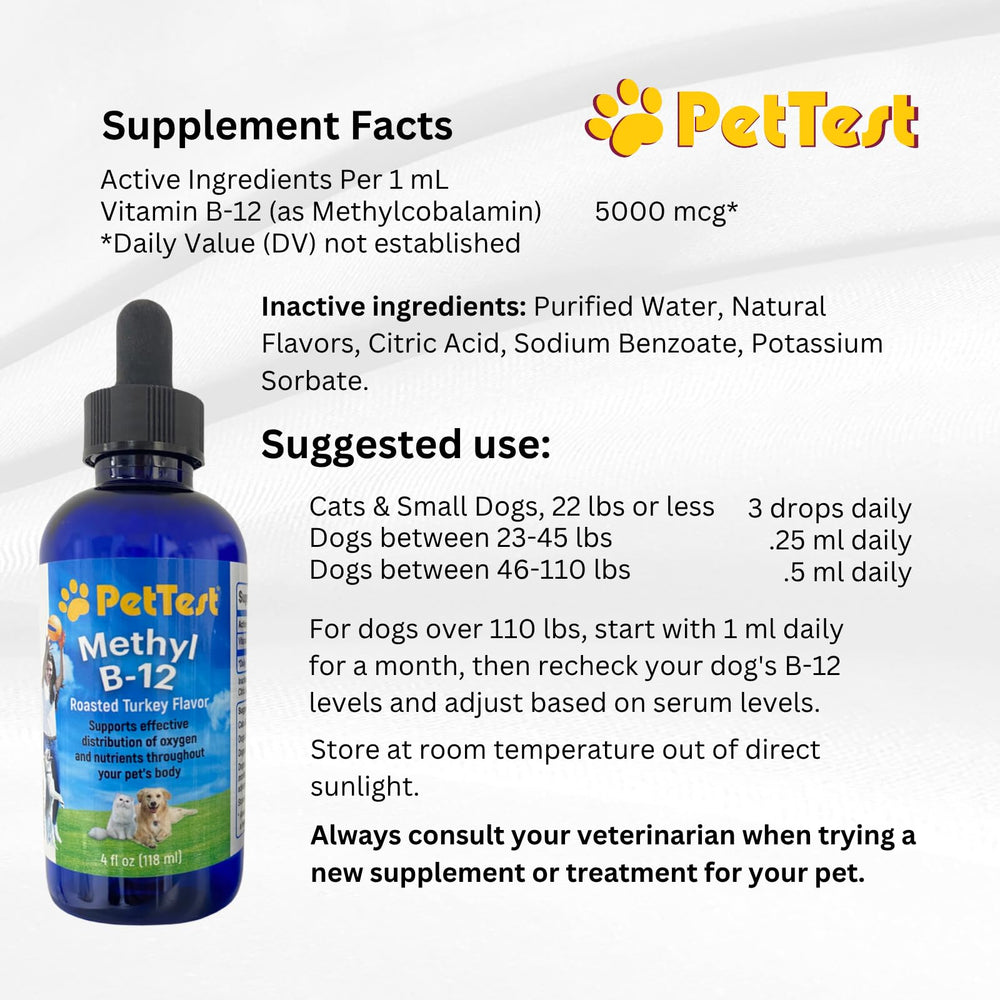Made in the USA label on PetTest Methyl B12 Drops bottle.