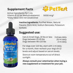 Made in the USA label on PetTest Methyl B12 Drops bottle.
